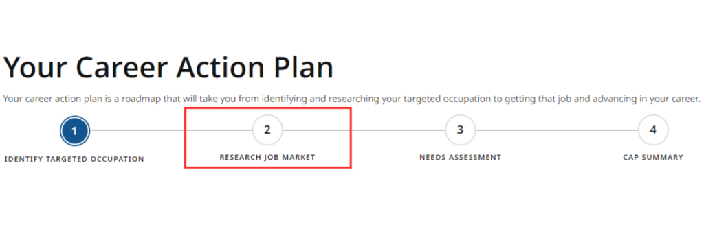 a screenshot showing the career action plan menu in jobquest