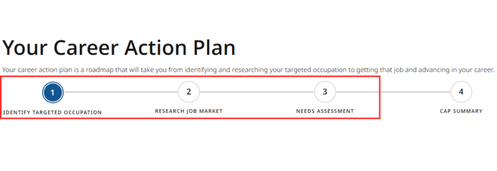 a screenshot showing the career action plan menu in jobquest
