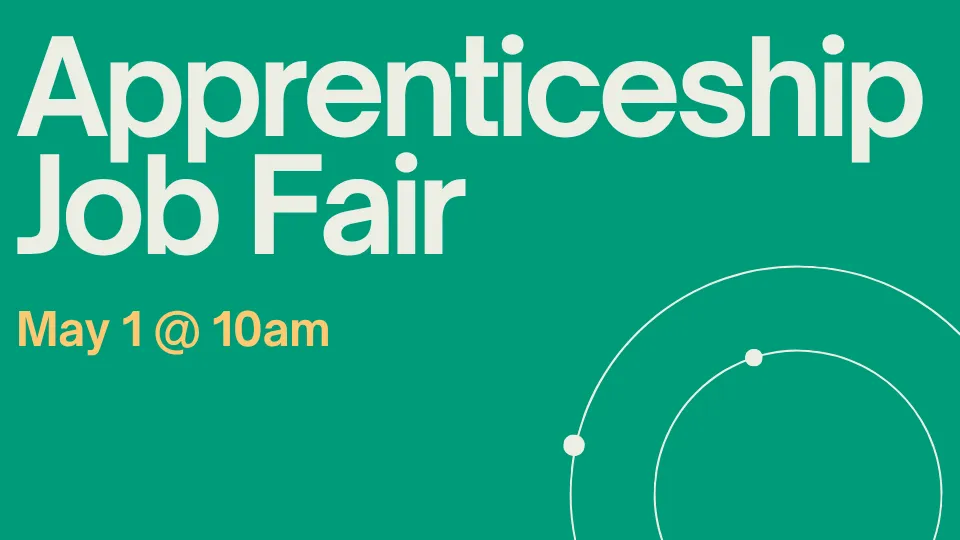 a graphic announcing the Apprenticeship Job Fair on May 1 at 10am